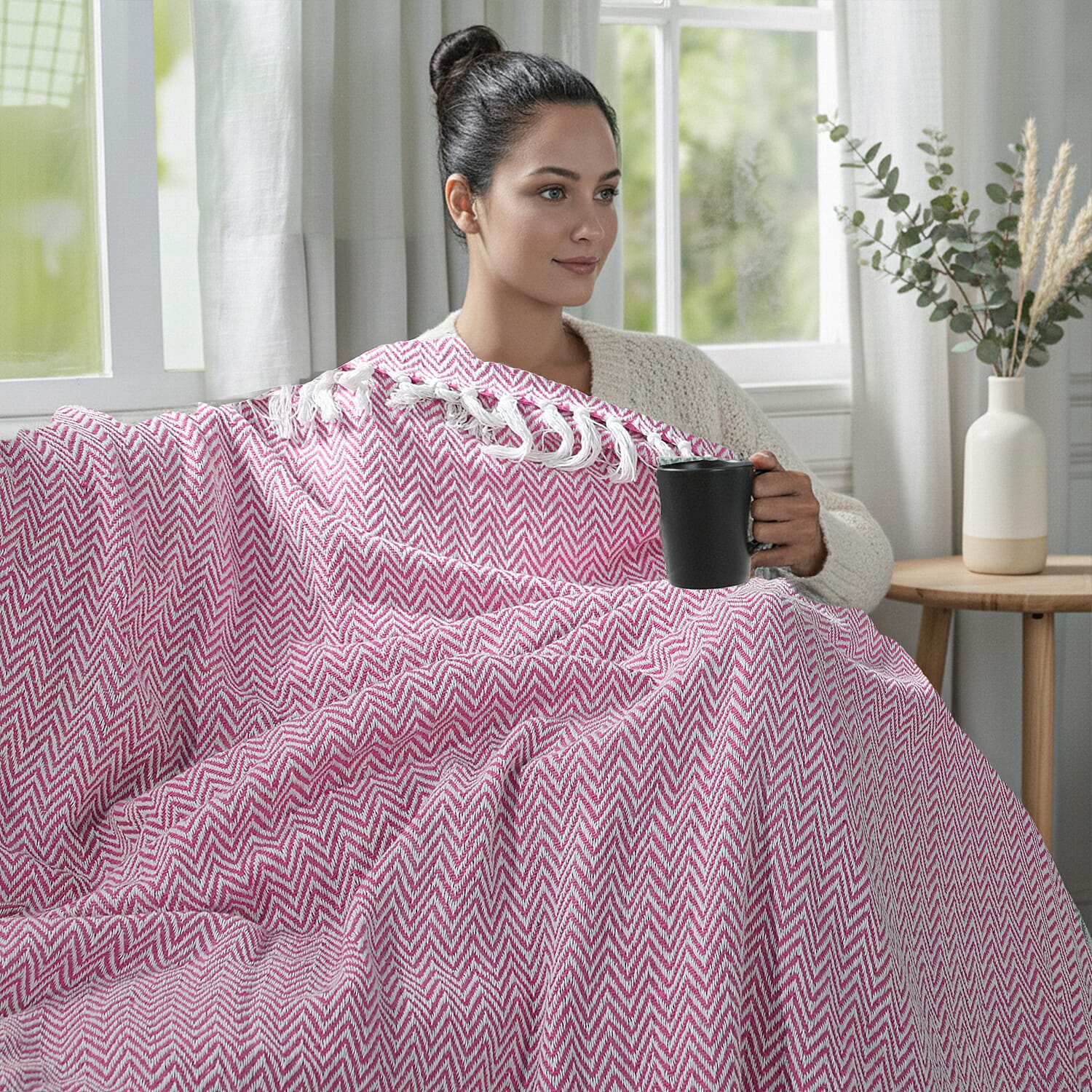 Homesmart Cotton Chevron Throw Blanket (Size 130 x160 cm) - Light pink & Grey