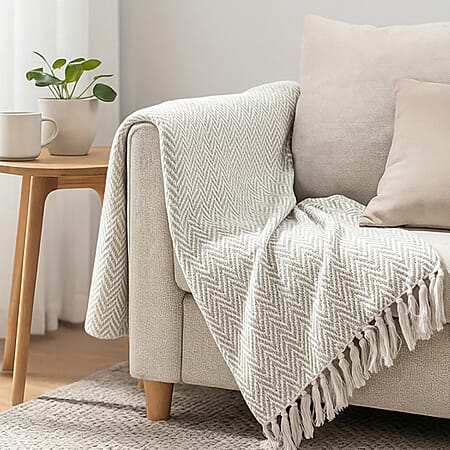 Hush Heaven 100% Soft Cotton Chevron Weaved Throw Blanket (200x150cm) - Cream
