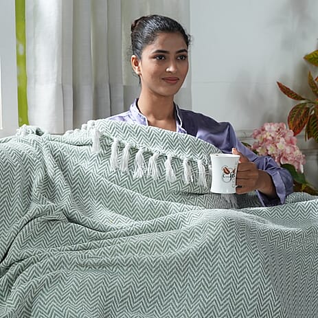 Hush Heaven 100% Soft Cotton Chevron Weaved Throw Blanket (200x150cm) - Sage Green