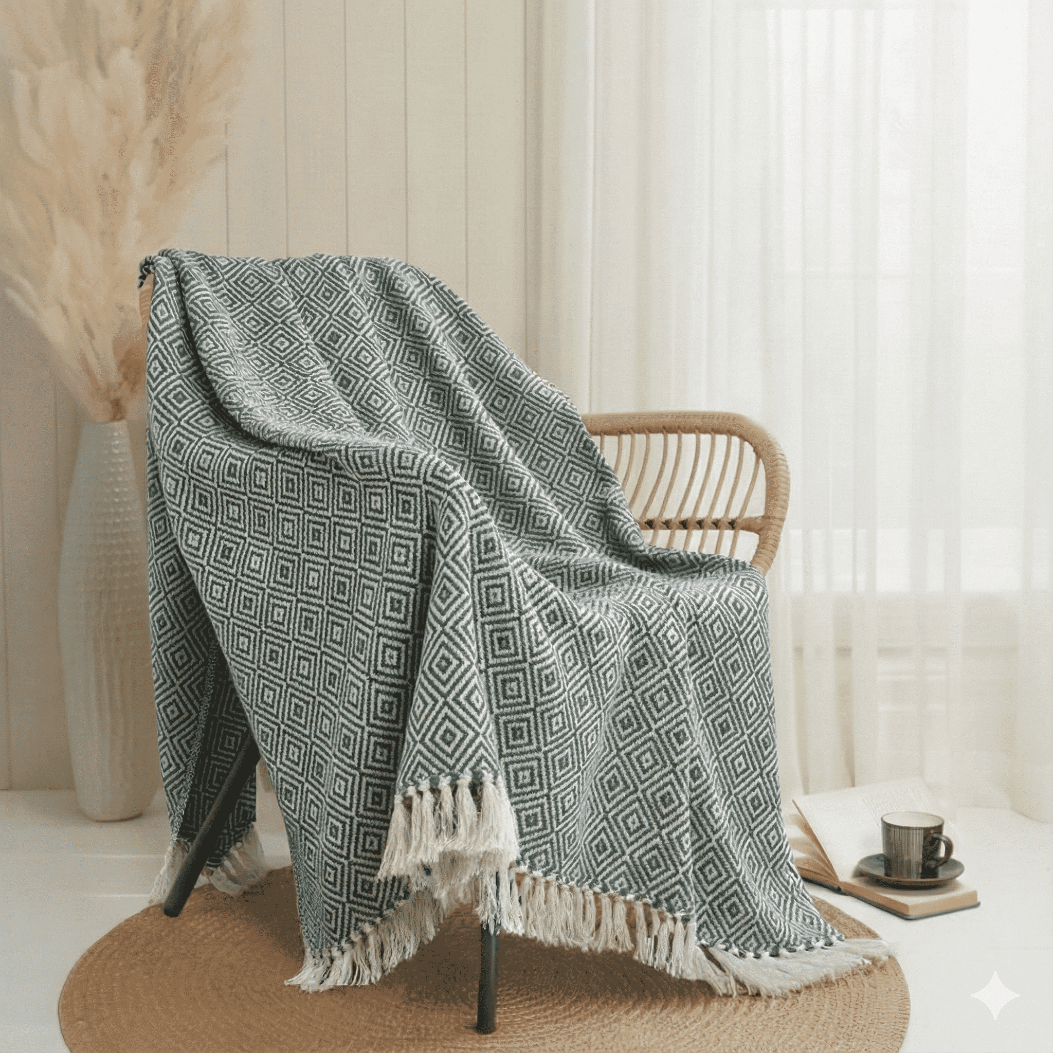 Hush Heaven 100% Soft Cotton Diamond Weaved Throw Blanket (200x150cm) - Sage Green