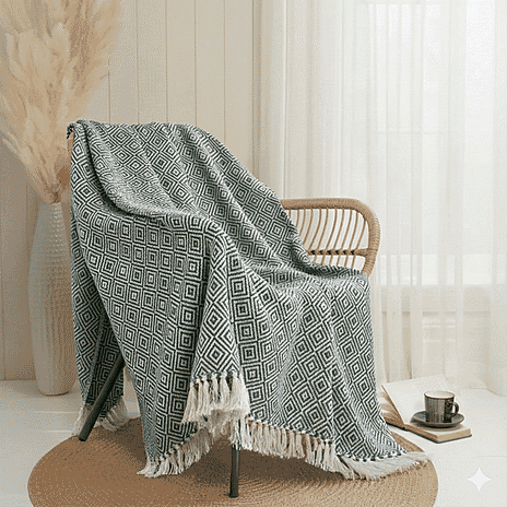 Hush Haven Cotton Chevron Throw Blanket (Size 150x1 cm) - Sage Green & Grey