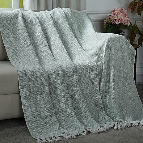 Hush Haven Cotton Chevron Throw Blanket (Size 150x1 cm) - Sage Green & Grey