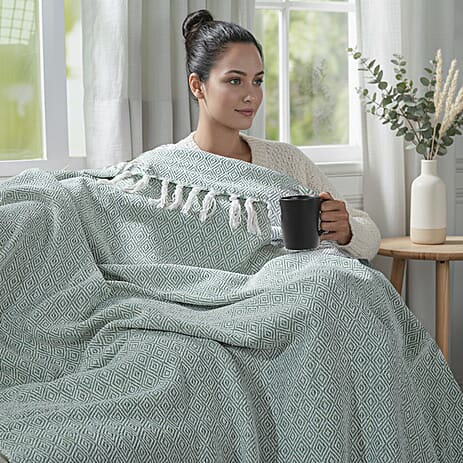 Hush Haven Cotton Chevron Throw Blanket (Size 150x1 cm) - Sage Green & Grey