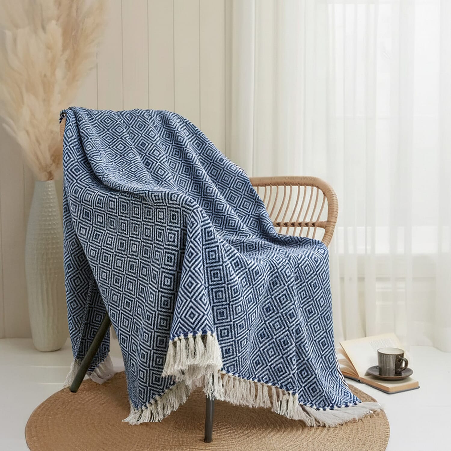 Hush Heaven 100% Soft Cotton Diamond Weaved Throw Blanket (200x150cm) - Light Blue