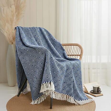 Hush Haven Cotton Chevron Throw Blanket (Size 150x1 cm) - Light Blue & Grey