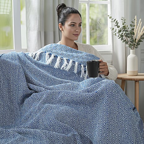 Hush Haven Cotton Chevron Throw Blanket (Size 150x1 cm) - Light Blue & Grey