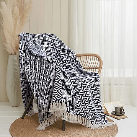 Hush Haven Cotton Chevron Throw Blanket (Size 150x1 cm) - Navy & Grey