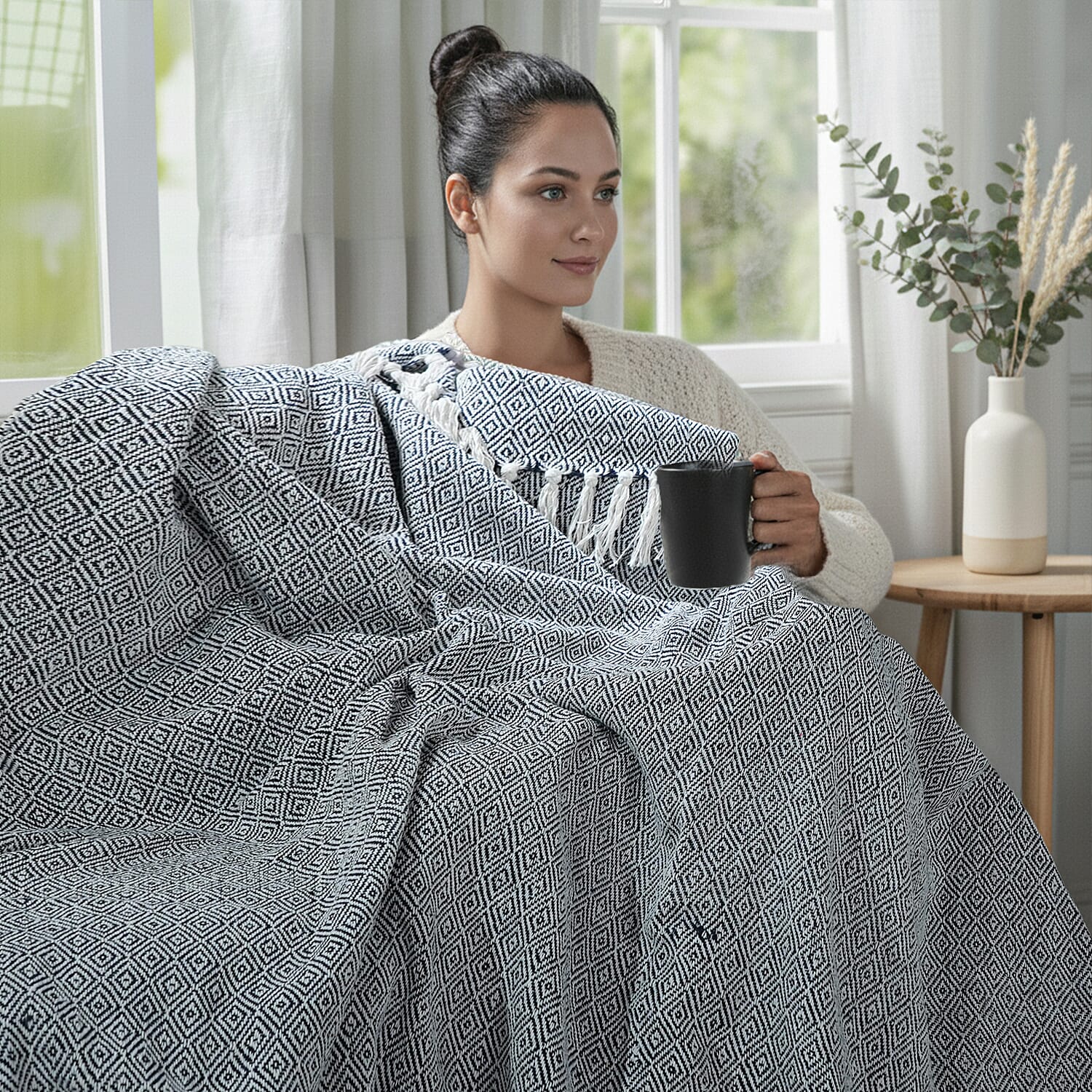 Hush Heaven 100% Soft Cotton Diamond Weaved Throw Blanket (200x150cm) - Navy