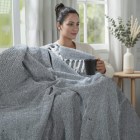 Hush Haven Cotton Chevron Throw Blanket (Size 150x1 cm) - Navy & Grey