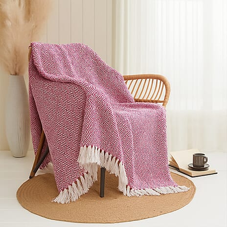 Hush Haven Cotton Chevron Throw Blanket (Size 150x1 cm) - Dark Pink & Grey