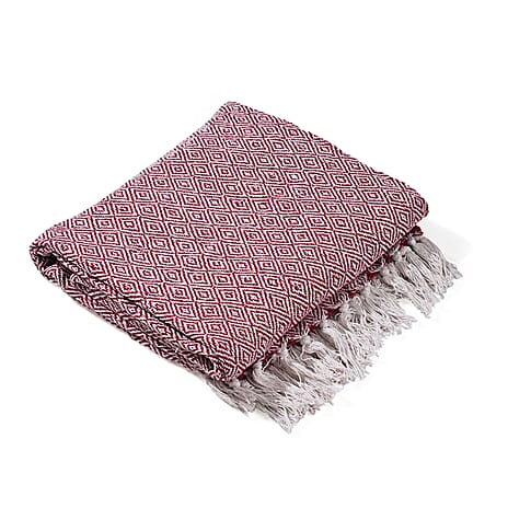 Hush Haven Cotton Chevron Throw Blanket (Size 150x1 cm) - Dark Pink & Grey