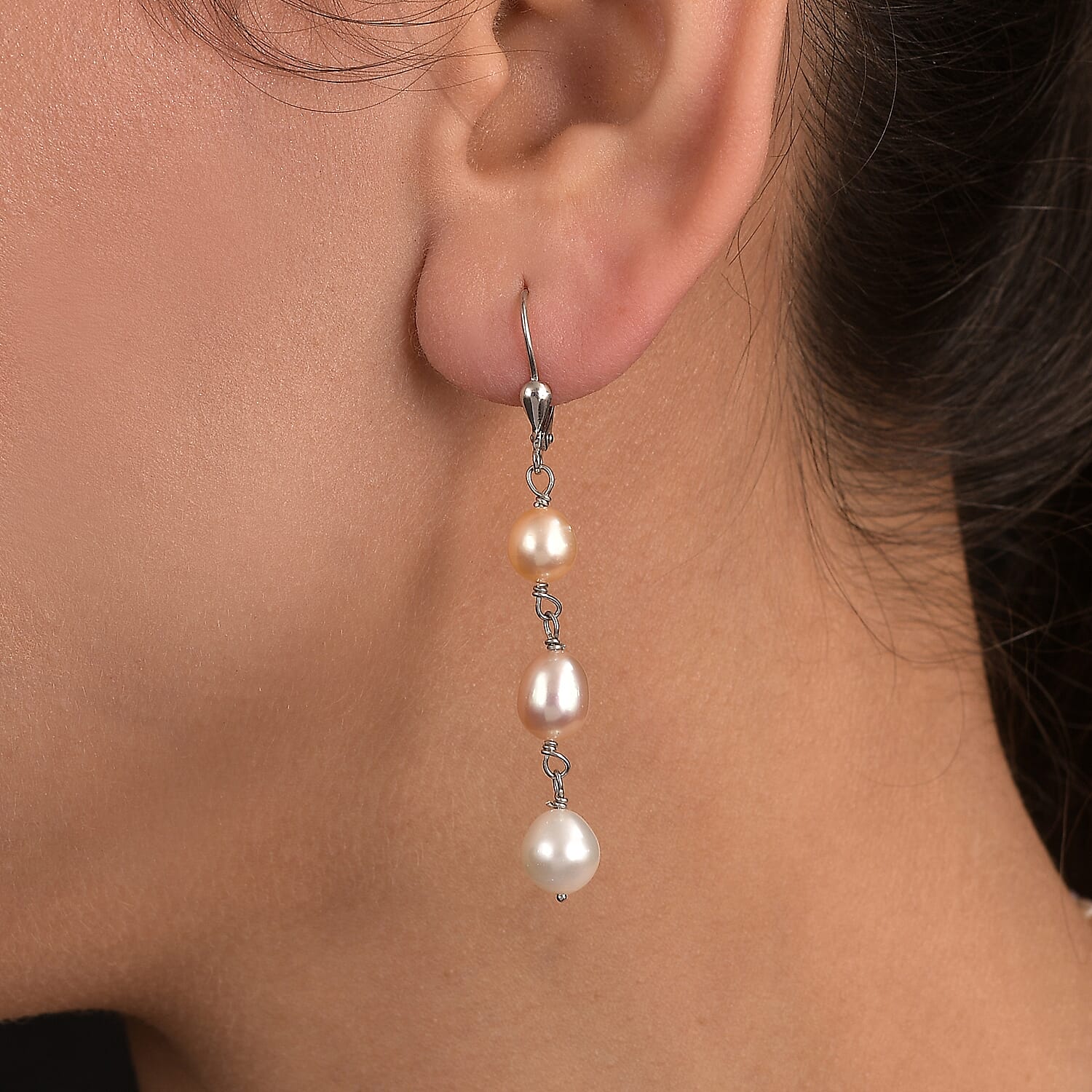 Multi Color Fresh Water Pearl Earring with Lever Back in Rhodium Overlay Sterling Silver 20.00 Ct.