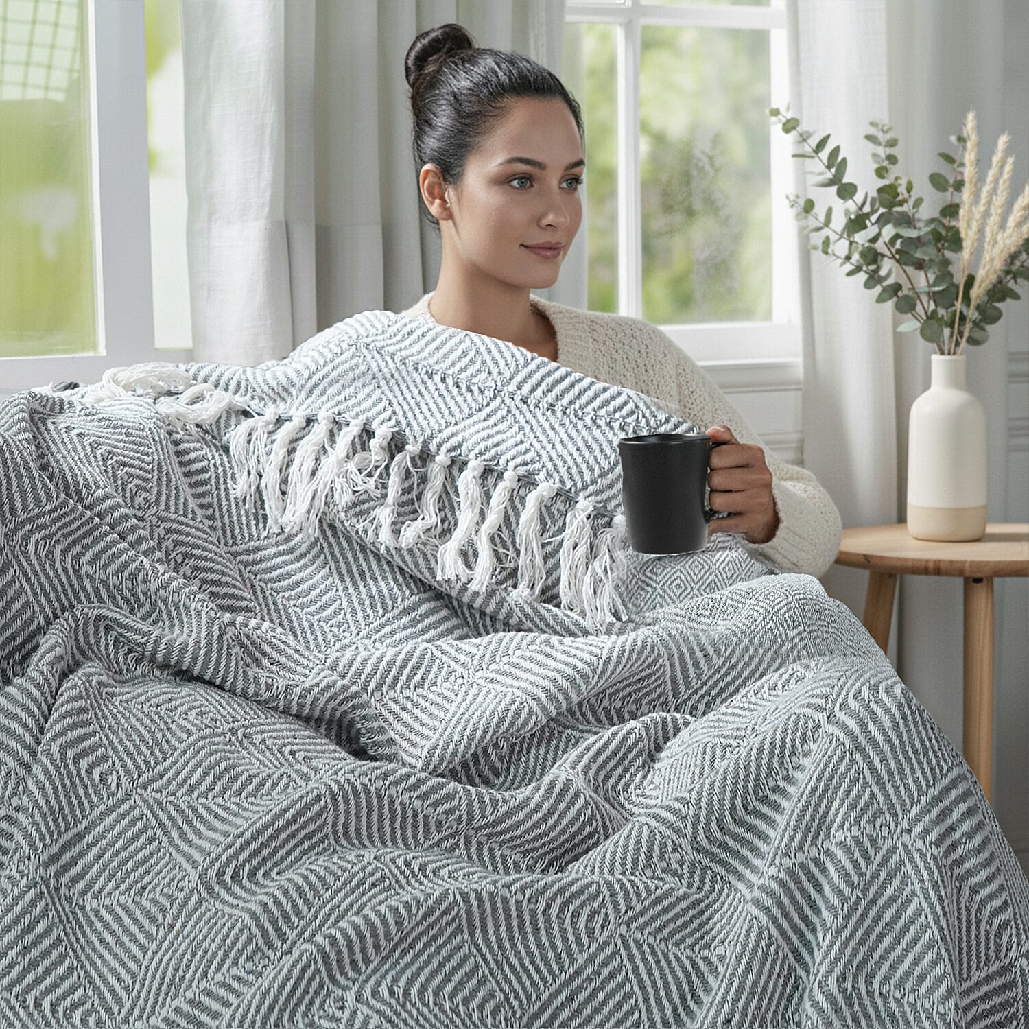 Homesmart Cotton Chevron Throw Blanket (Size 130x160cm) - Grey