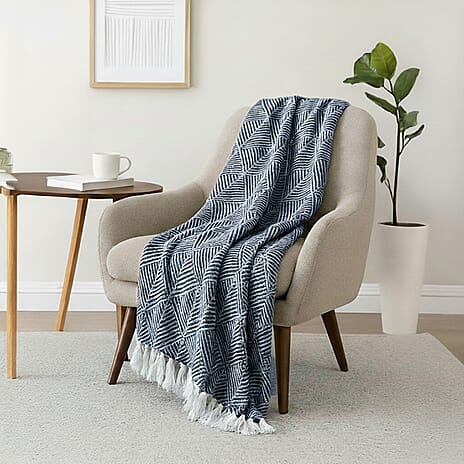 Cotton Chevron Throw Blanket (Size 130x160 cm) - Navy & Grey