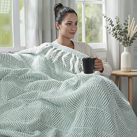 Cotton Chevron Throw Blanket (Size 130x1 cm) - Sage Green & Grey