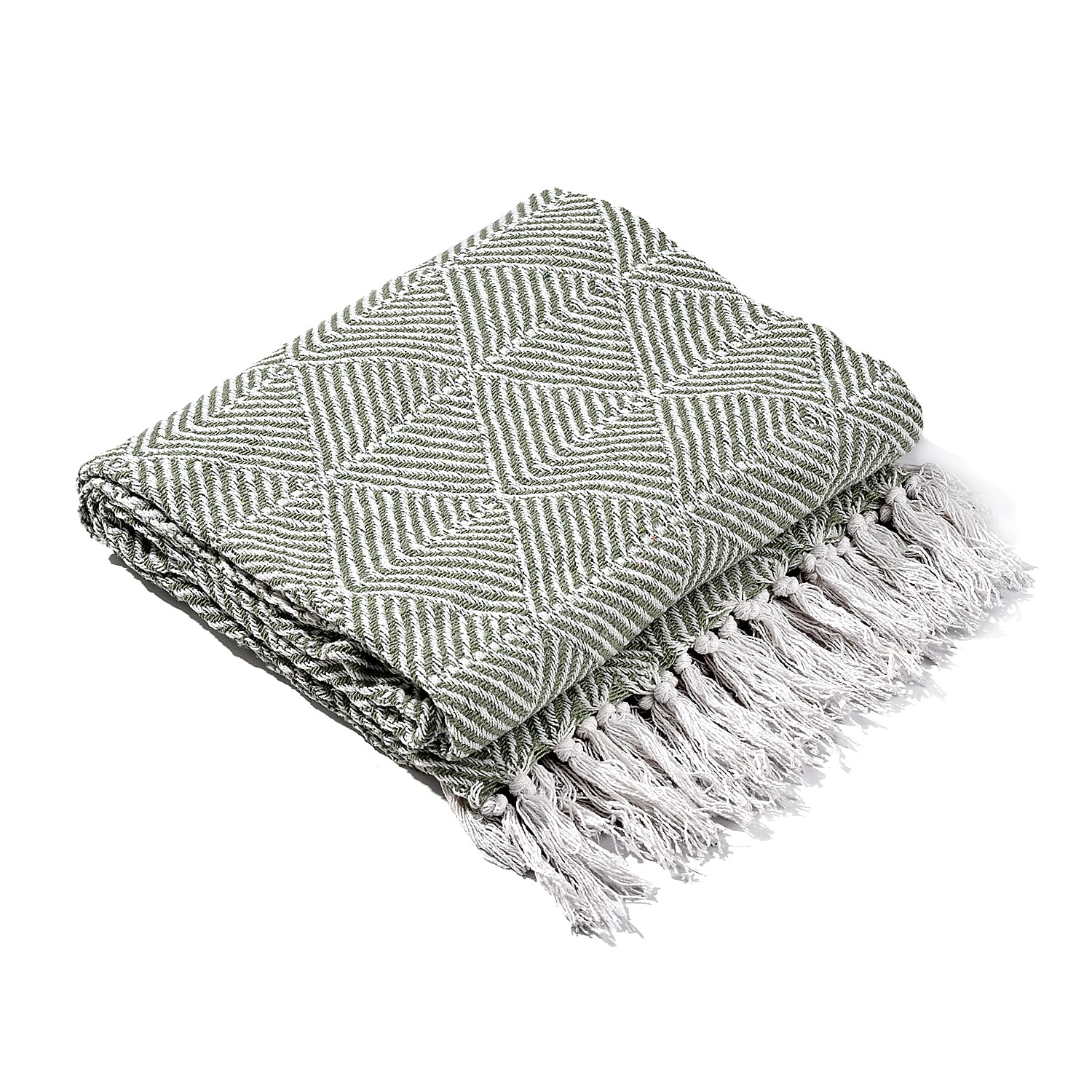 Cotton Chevron Throw Blanket (Size 130x1 cm) - Sage Green & Grey