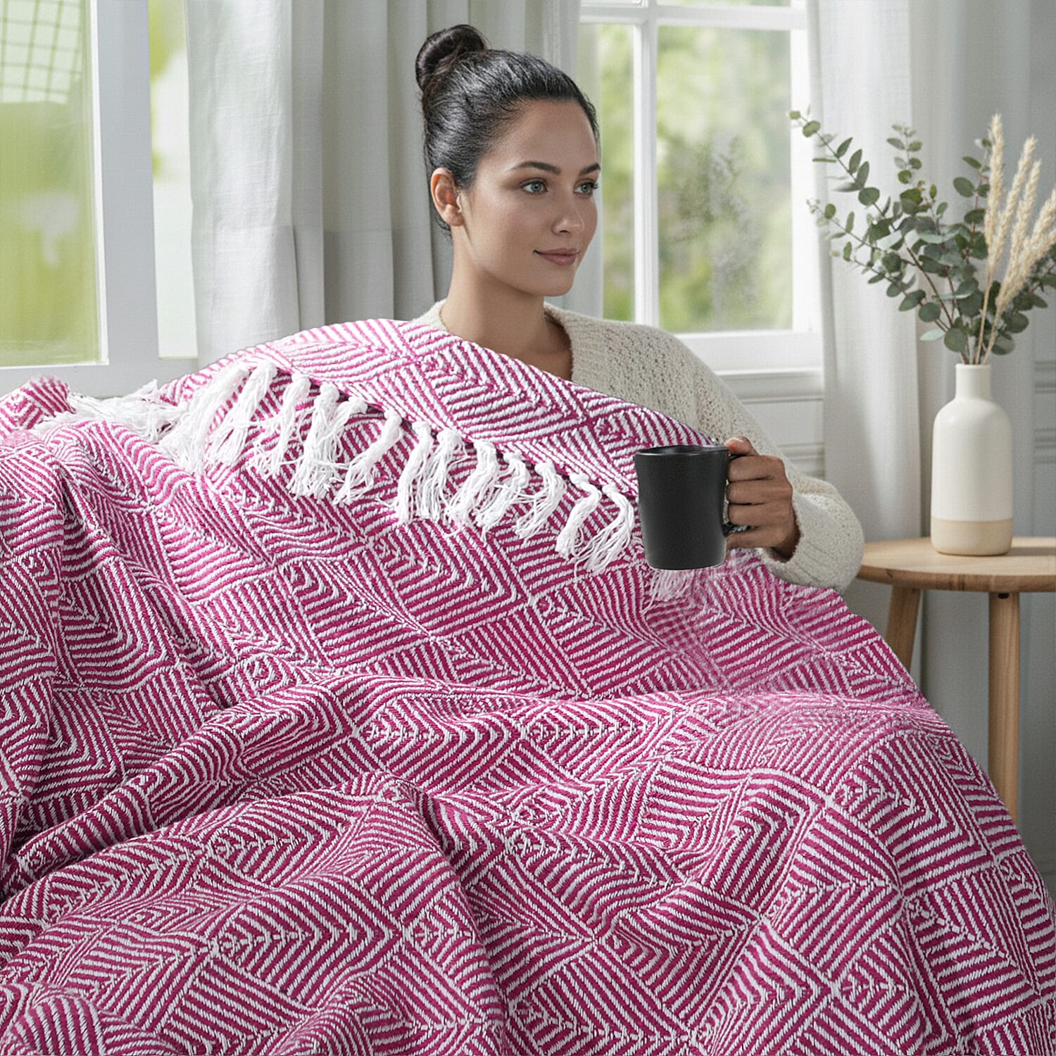 Homesmart-Cotton-Chevron-Throw-Blanket-Size-150x1-cm-Dark-Pink-Grey