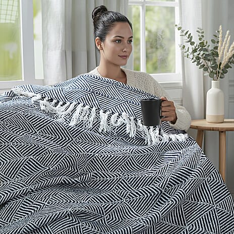 Homesmart Cotton Chevron Throw Blanket (Size 150x1 cm) - Navy & Grey