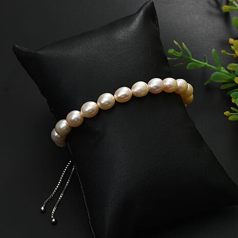 Peach Fresh Water Pearl Adjustable Bracelet (Size - 6.5 to 9.5) in Rhodium Overlay Sterling Silver 50.00 Ct.