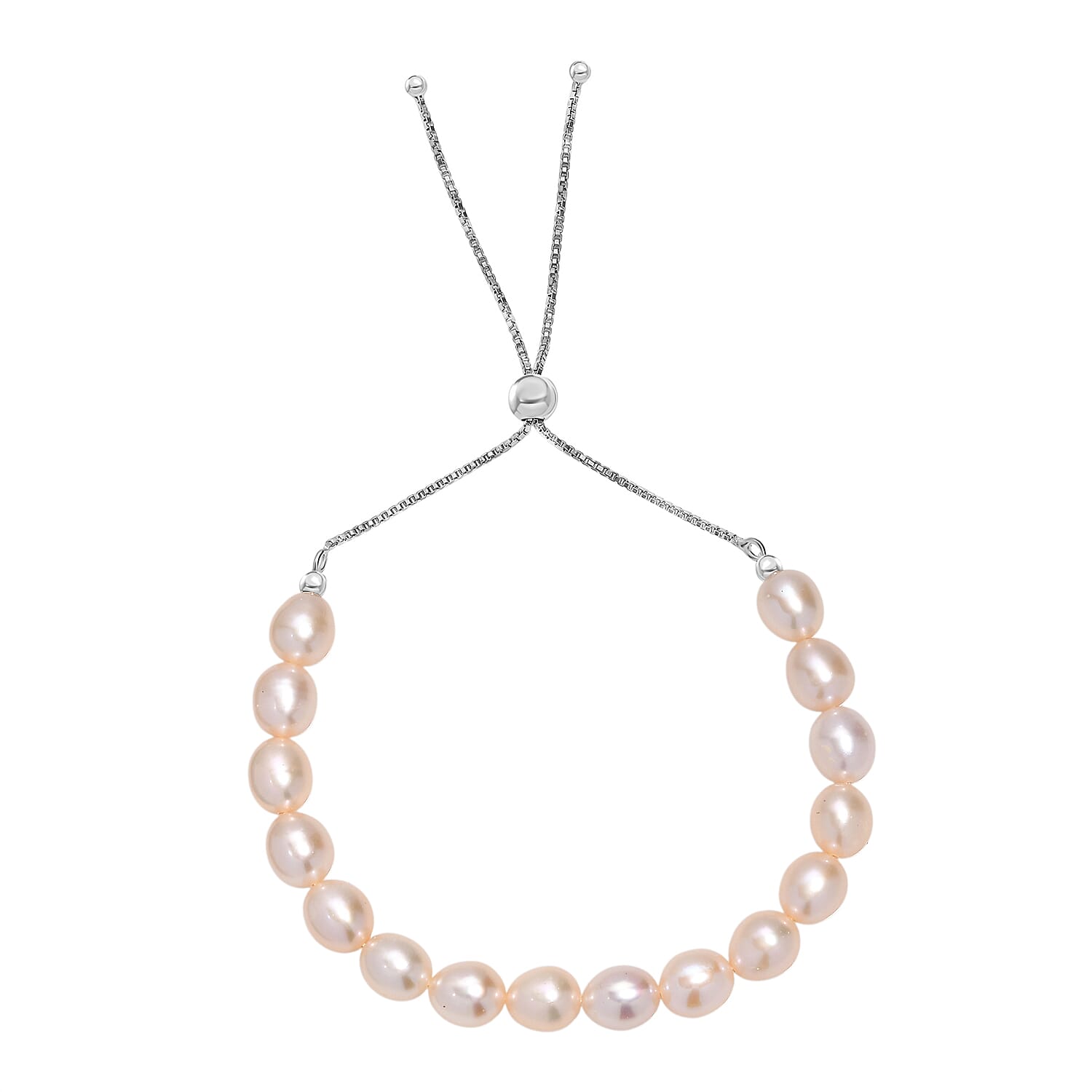 Peach Fresh Water Pearl Adjustable Bracelet (Size - 6.5 to 9.5) in Rhodium Overlay Sterling Silver 50.00 Ct. Peach Fresh Water Pearl Adjustable Bracelet (Size - 6.5 to 9.5) in Rhodium Overlay Sterling Silver 50.00 Ct.