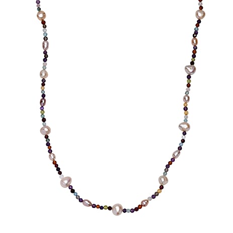 Multi Colour Fresh Water Pearl & Multi Gemstones Necklace (Size - 24-2 Ext) in Rhodium Overlay Sterling Silver 85.00 Ct.