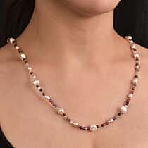 Multi Colour Fresh Water Pearl & Multi Gemstones Necklace (Size - 24-2 Ext) in Rhodium Overlay Sterling Silver 85.00 Ct.