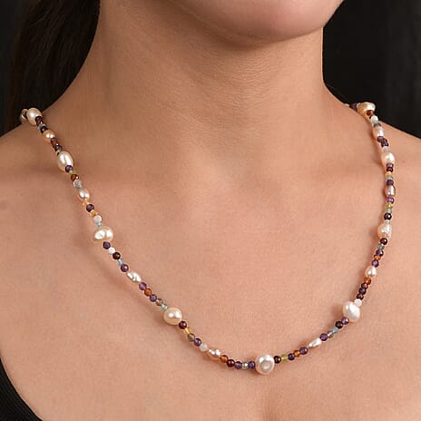 Multi Colour Fresh Water Pearl & Multi Gemstones Necklace (Size - 24-2 Ext) in Rhodium Overlay Sterling Silver 85.00 Ct.