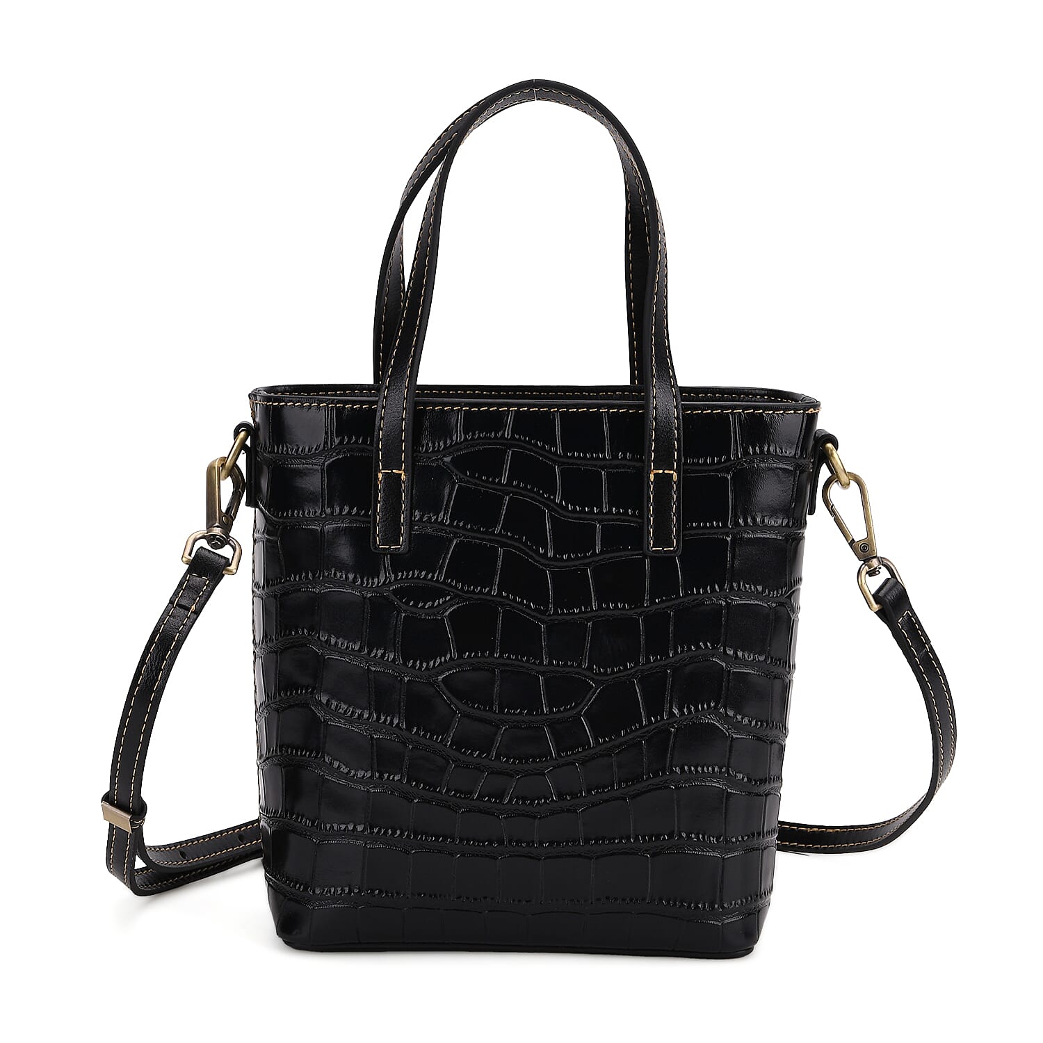 Crocodile Embossed Genuine Leather Crossbody Bag With Adjustable Shoulder Strap - Black