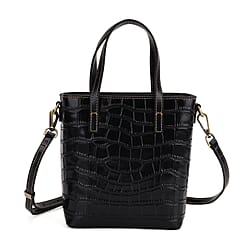 Crocodile Embossed Genuine Leather Crossbody Bag With Adjustable Shoulder Strap - Black