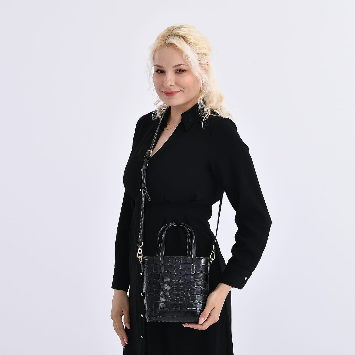 Crocodile Embossed Genuine Leather Crossbody Bag With Adjustable Shoulder Strap - Black