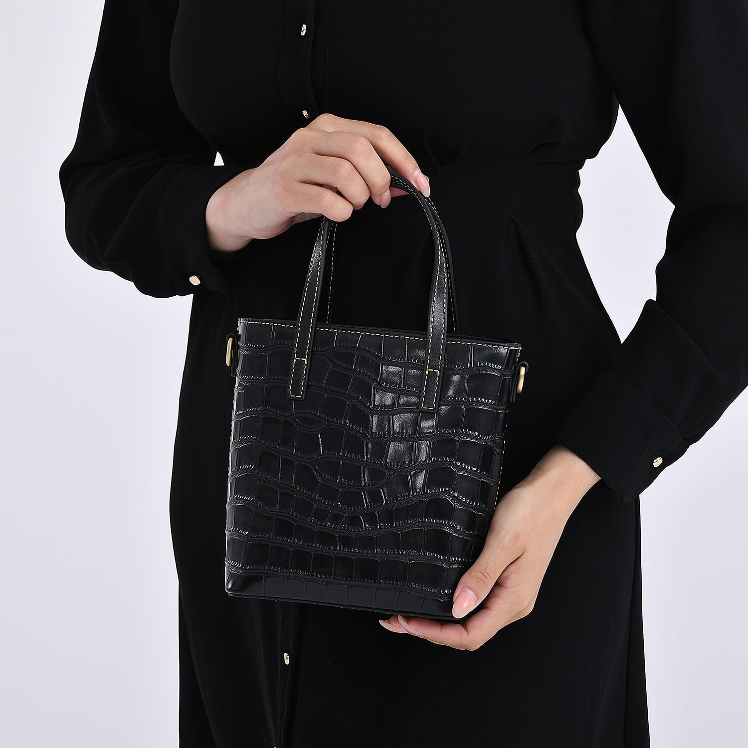Crocodile Embossed Genuine Leather Crossbody Bag With Adjustable Shoulder Strap - Black