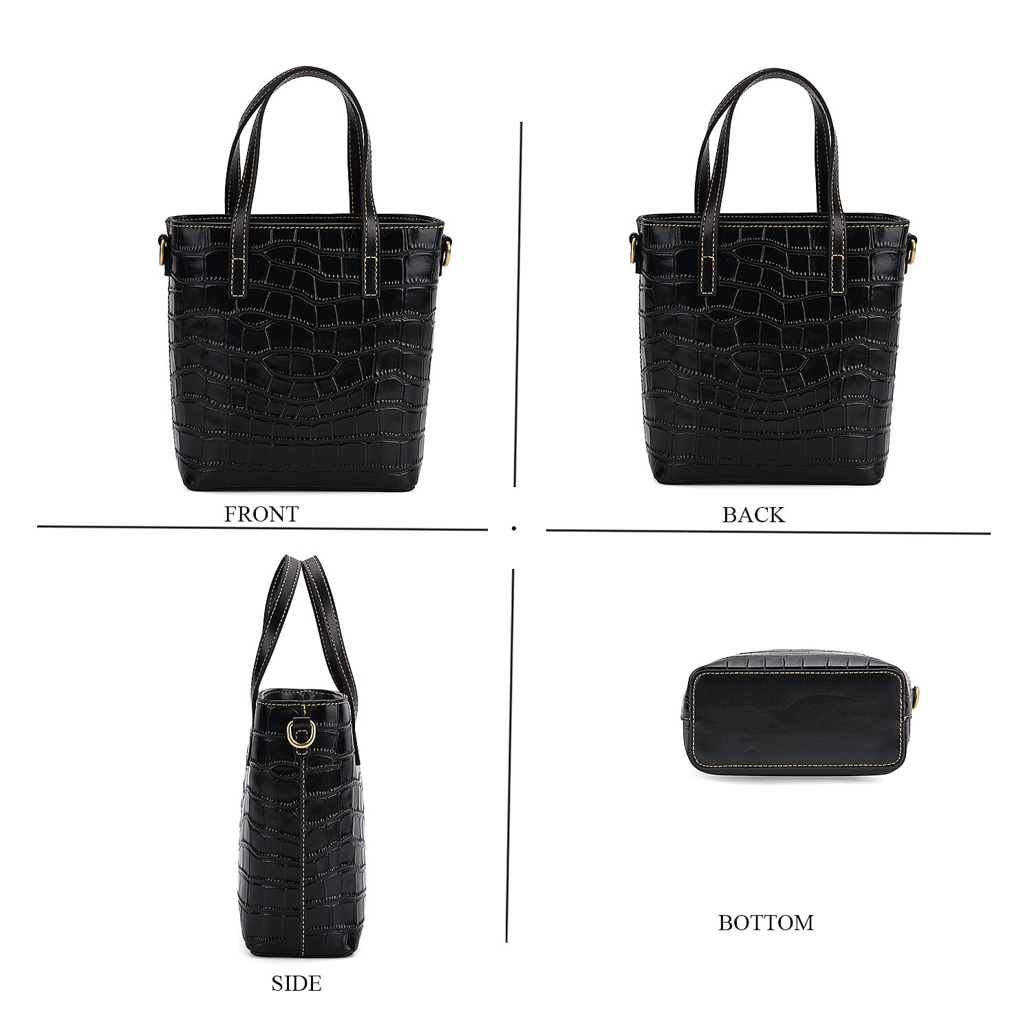 Crocodile Embossed Genuine Leather Crossbody Bag With Adjustable Shoulder Strap - Black