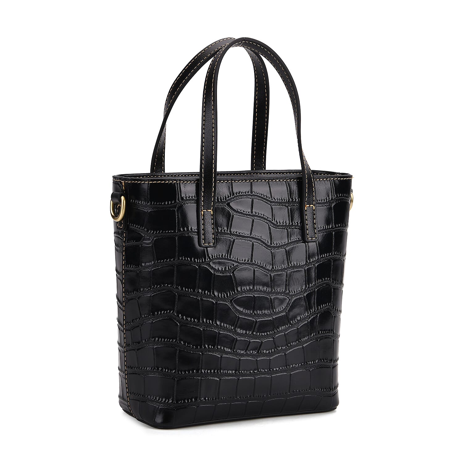 Crocodile Embossed Genuine Leather Crossbody Bag With Adjustable Shoulder Strap - Black