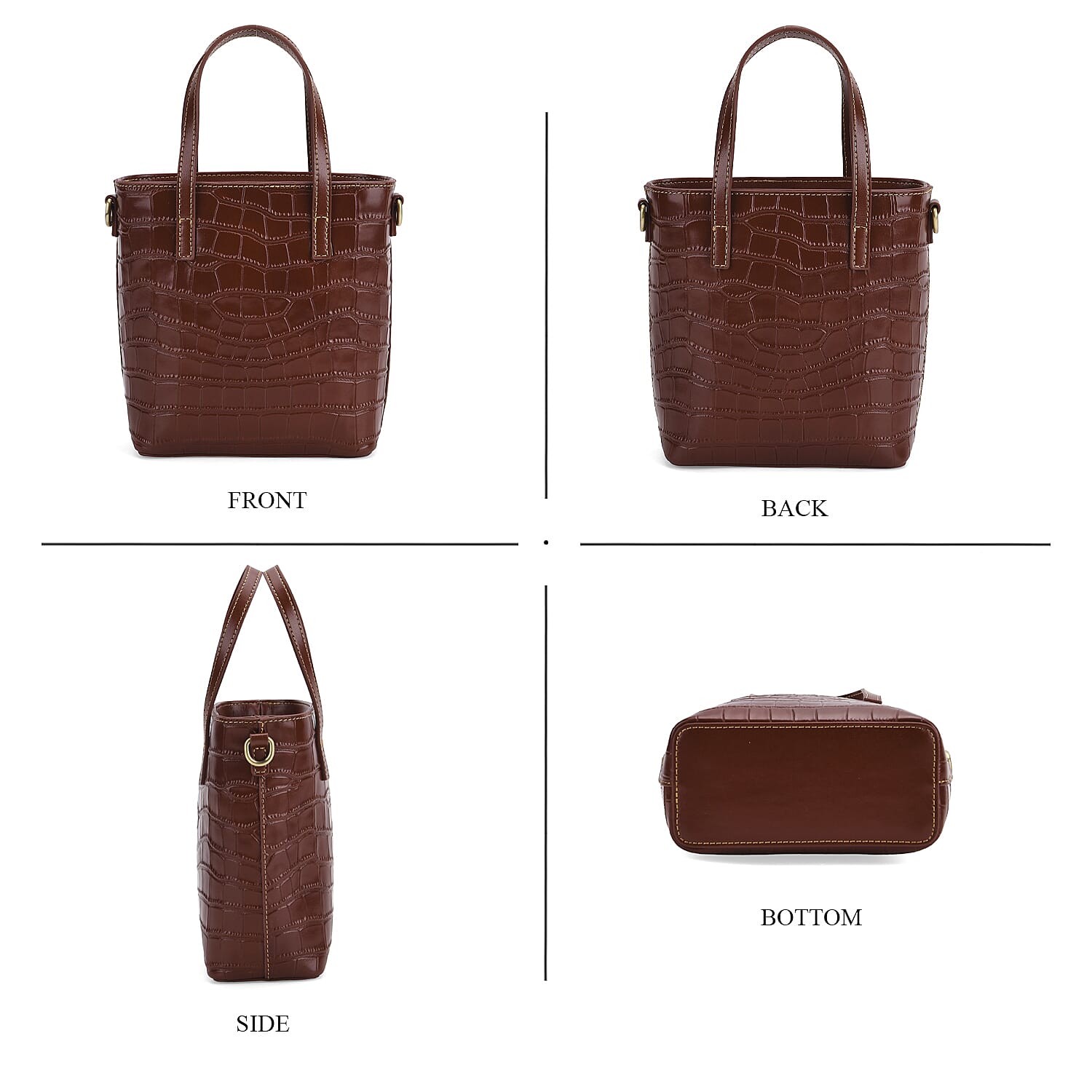 Crocodile Embossed Genuine Leather Crossbody Bag With Adjustable Shoulder Strap - Brown