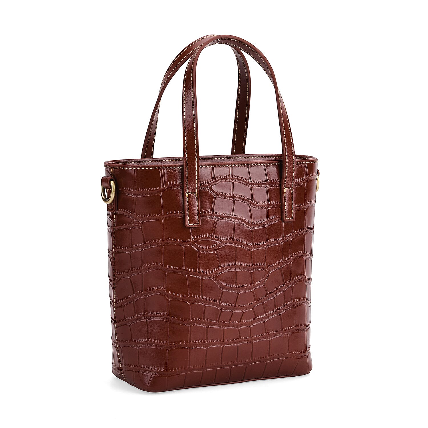 Crocodile Embossed Genuine Leather Crossbody Bag With Adjustable Shoulder Strap - Brown