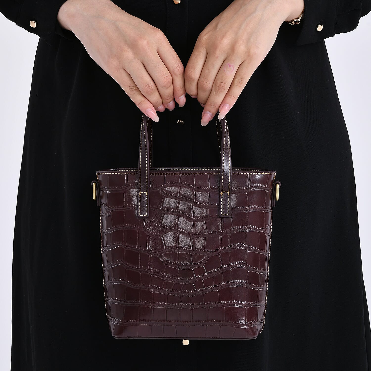 Crocodile Embossed Genuine Leather Crossbody Bag With Adjustable Shoulder Strap - Coffee