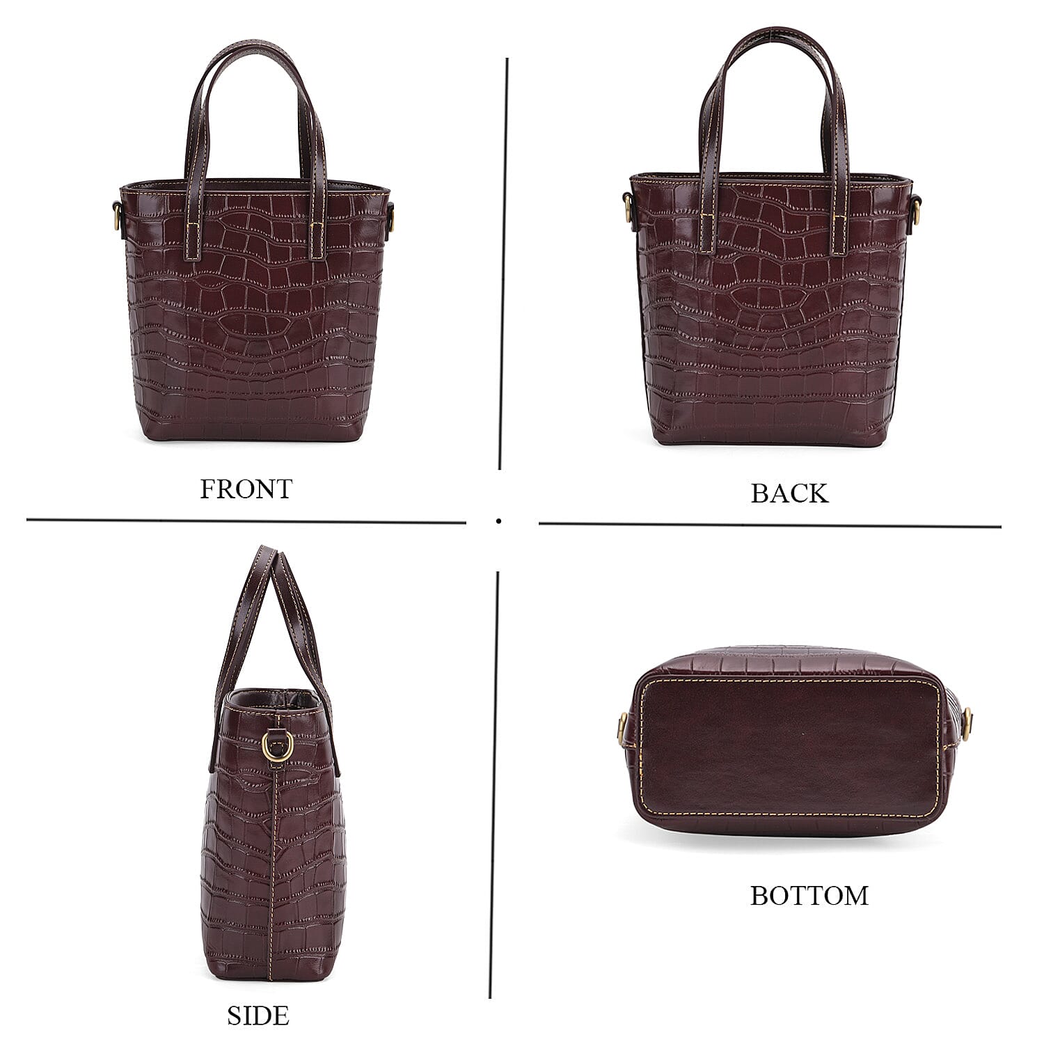 Crocodile Embossed Genuine Leather Crossbody Bag With Adjustable Shoulder Strap - Coffee