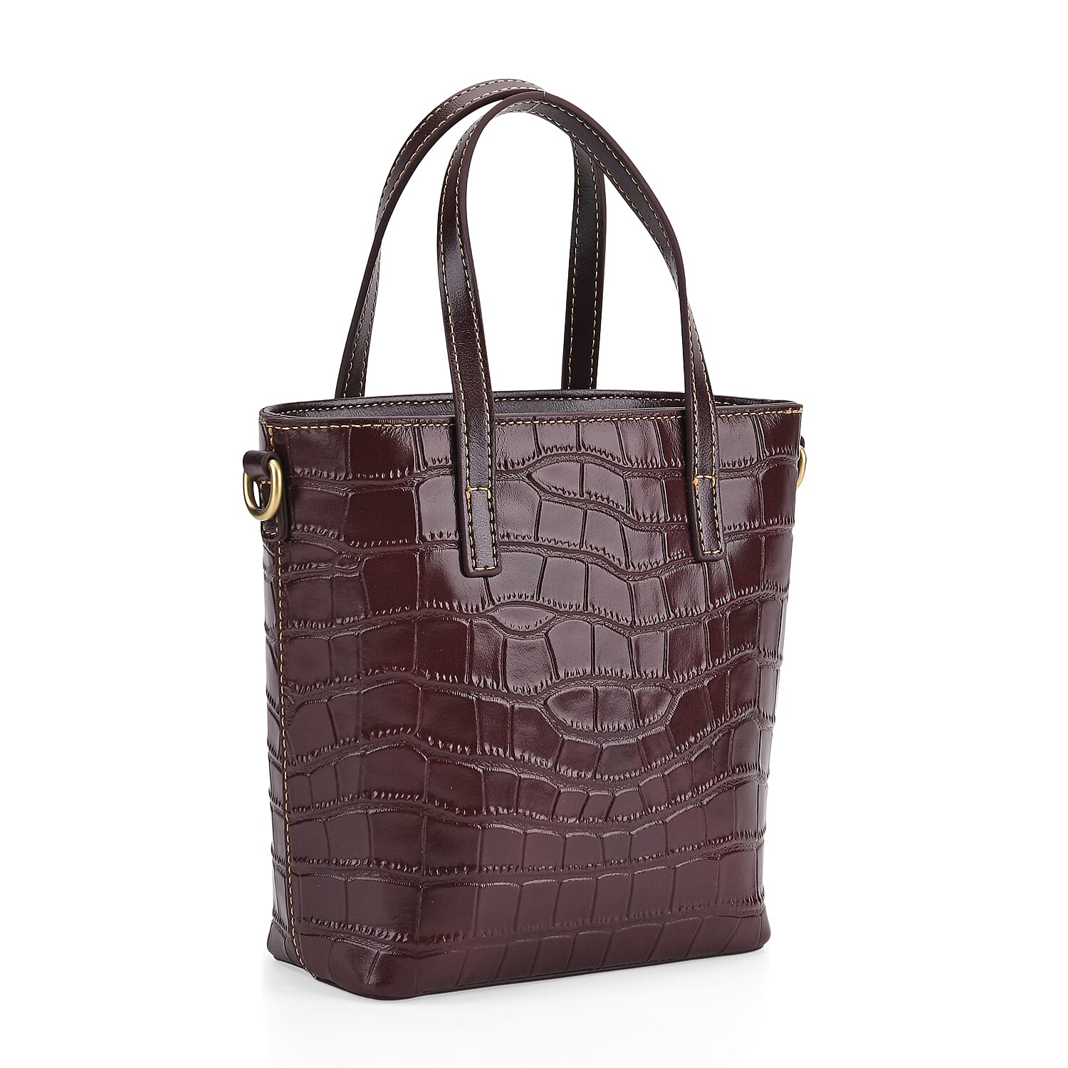 Crocodile Embossed Genuine Leather Crossbody Bag With Adjustable Shoulder Strap - Coffee