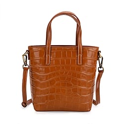 Crocodile Embossed Genuine Leather Crossbody Bag With Adjustable Shoulder Strap - Black