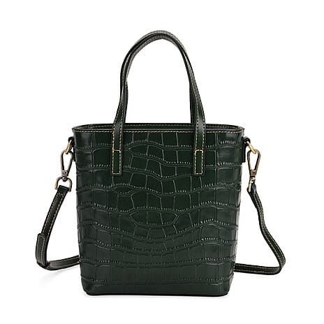 Crocodile Embossed Genuine Leather Crossbody Bag With Adjustable Shoulder Strap - Green