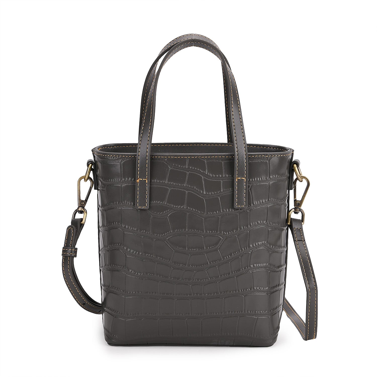 Crocodile Embossed Genuine Leather Crossbody Bag With Adjustable Shoulder Strap - Grey