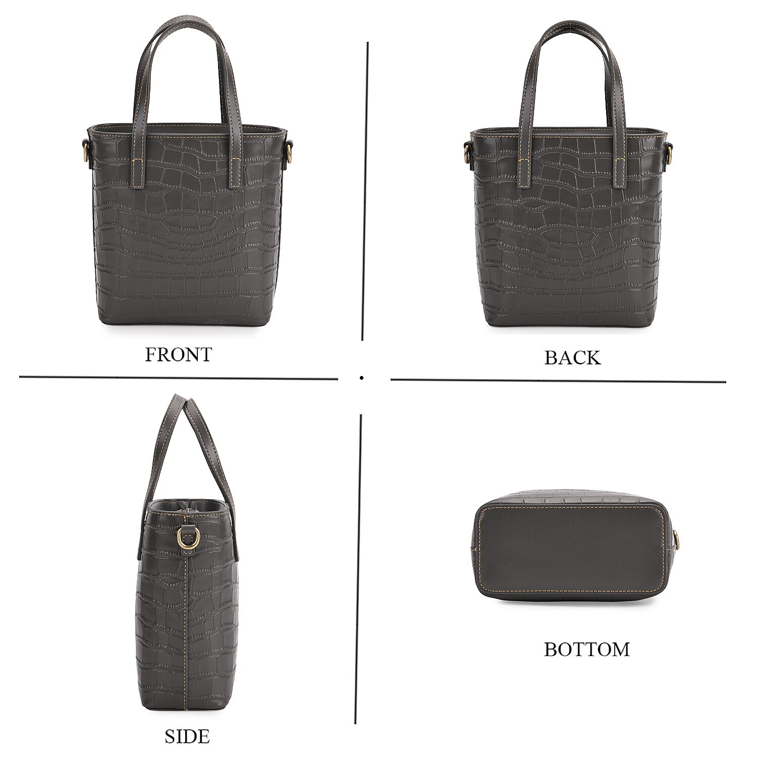 Crocodile Embossed Genuine Leather Crossbody Bag With Adjustable Shoulder Strap - Grey