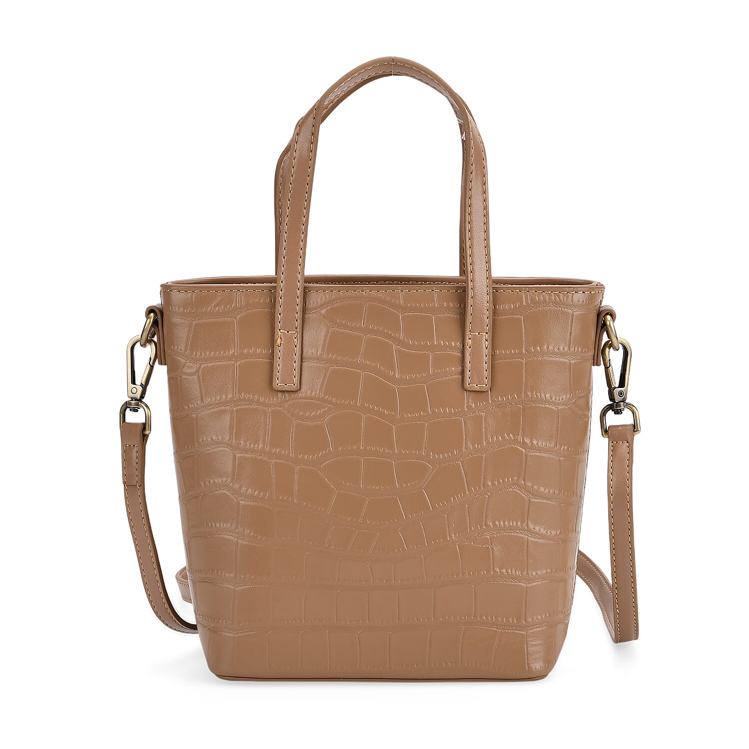 Crocodile Embossed Genuine Leather Crossbody Bag With Adjustable Shoulder Strap - Apricot
