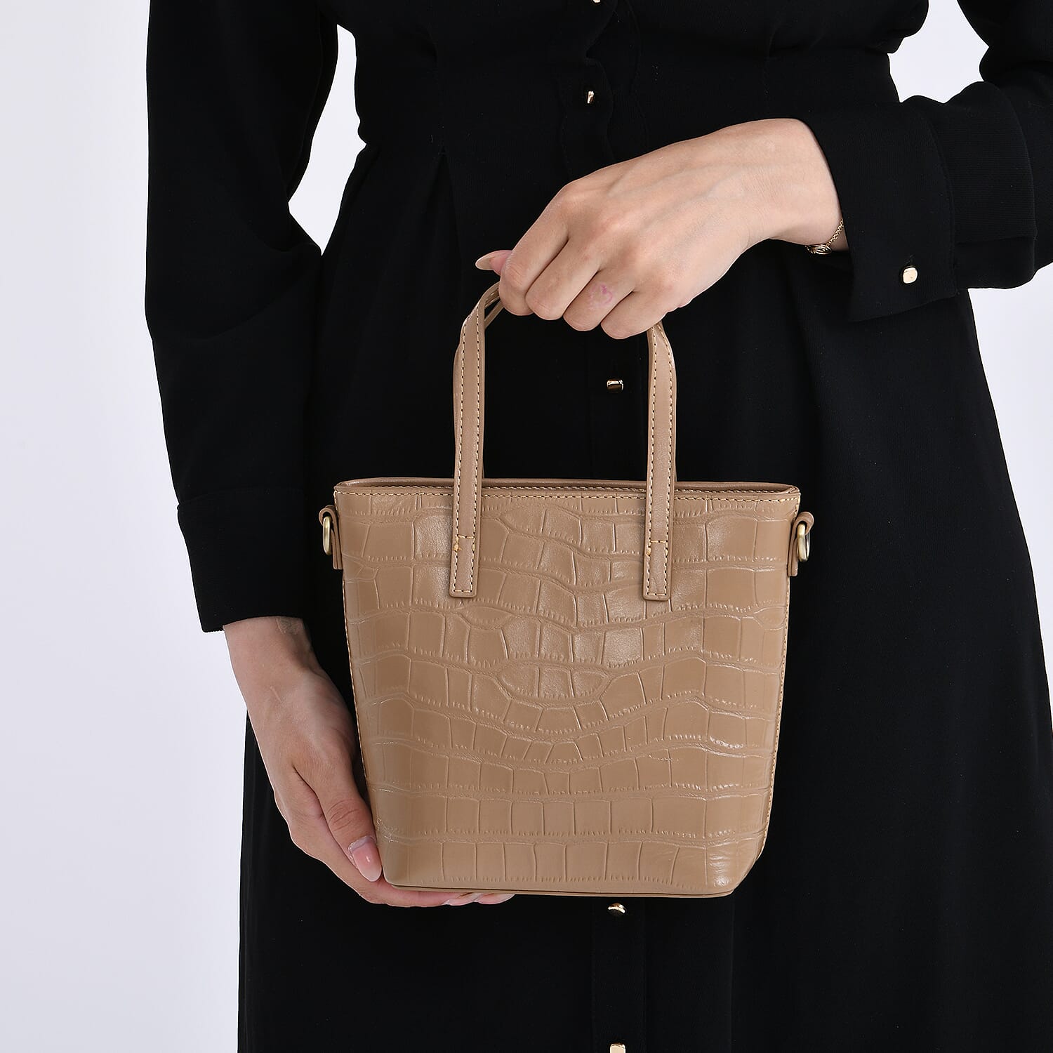 Crocodile Embossed Genuine Leather Crossbody Bag With Adjustable Shoulder Strap - Apricot