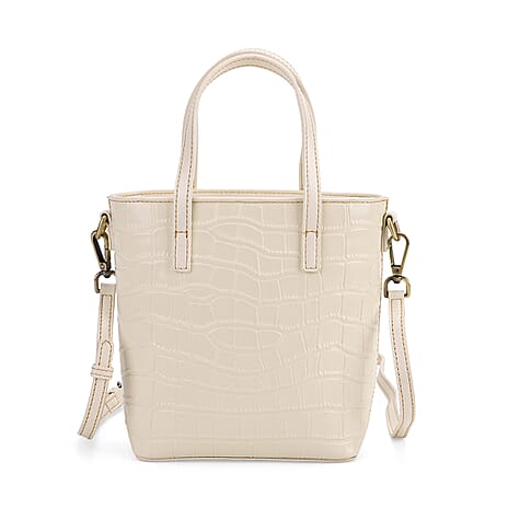 Crocodile Embossed Genuine Leather Crossbody Bag With Adjustable Shoulder Strap - Off White