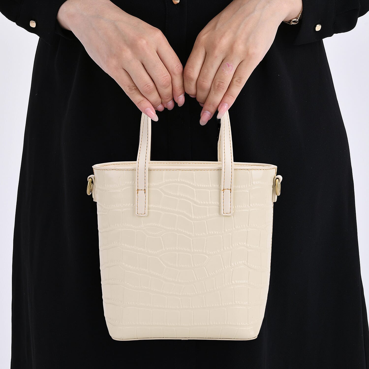 Crocodile Embossed Genuine Leather Crossbody Bag With Adjustable Shoulder Strap - Off White