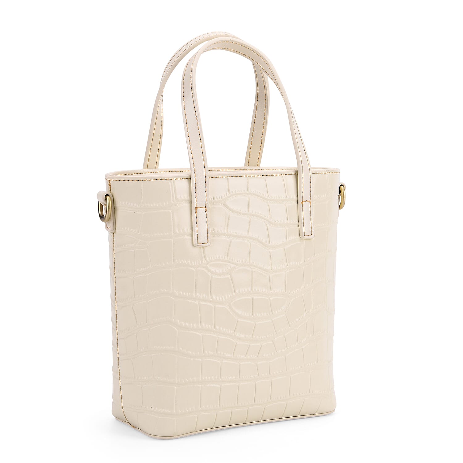 Crocodile Embossed Genuine Leather Crossbody Bag With Adjustable Shoulder Strap - Off White