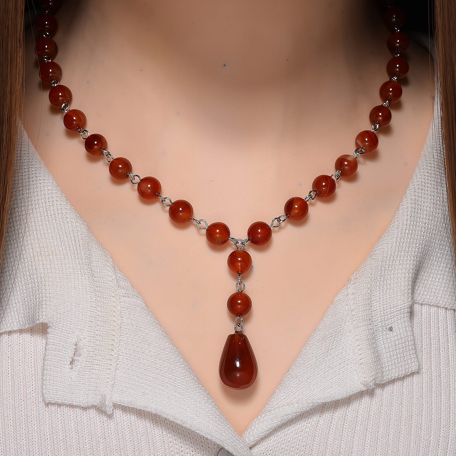 Red Agate Necklace (Size 18-2 Ext.) in Silver Tone 140.00 Ct.