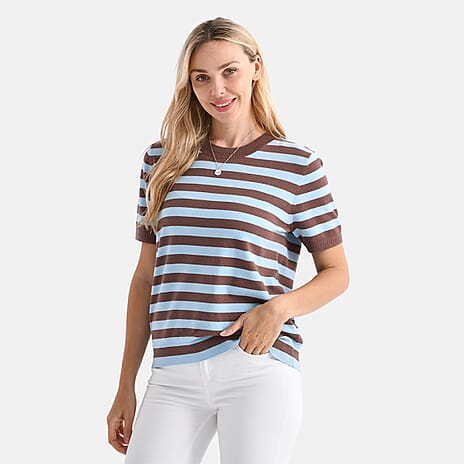 - Maisi Striped Knitted Round Neck Casual Top (Size XL) - Blue - Brown