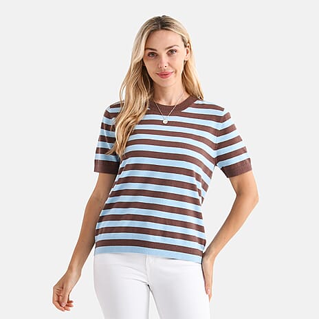 - Maisi Striped Knitted Round Neck Casual Top (Size XL) - Blue - Brown